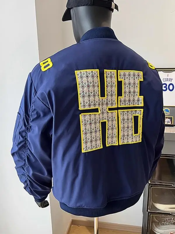 

Мужская зимняя утепленная куртка-бомбер в американском ретро-стиле с вышивкой, синяя, на молнии, с длинными рукавами