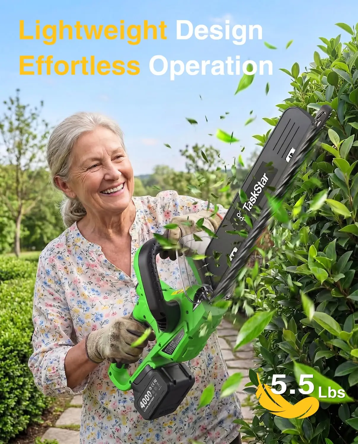 TaskStar 22" Electric Hedge Trimmer with 180° Rotatable Handle & Debris Remover & 550mm SK5 Dual Edge Blade 20V Cordless Hedge Clippers for Shrub Trimming with 2 4.0Ah Batteries - view 5