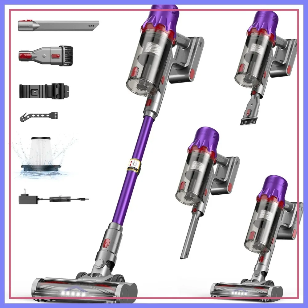 Aspirateur balai sans fil 45KPa de puissance d'aspiration, 55 min d'autonomie, anti-emmêlement, filtre HEPA, lumière LED, léger pour poils d'animaux, tapis et sols durs