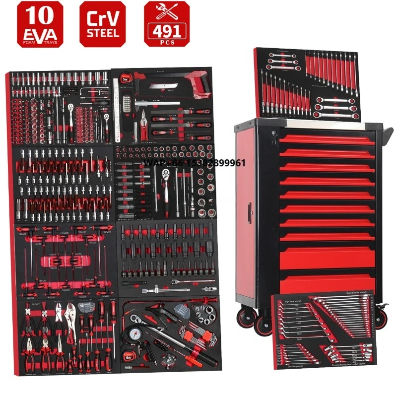 

Механическая тележка для шкафа для инструментов с 491-комп. набором вращающихся инструментов для мастерской