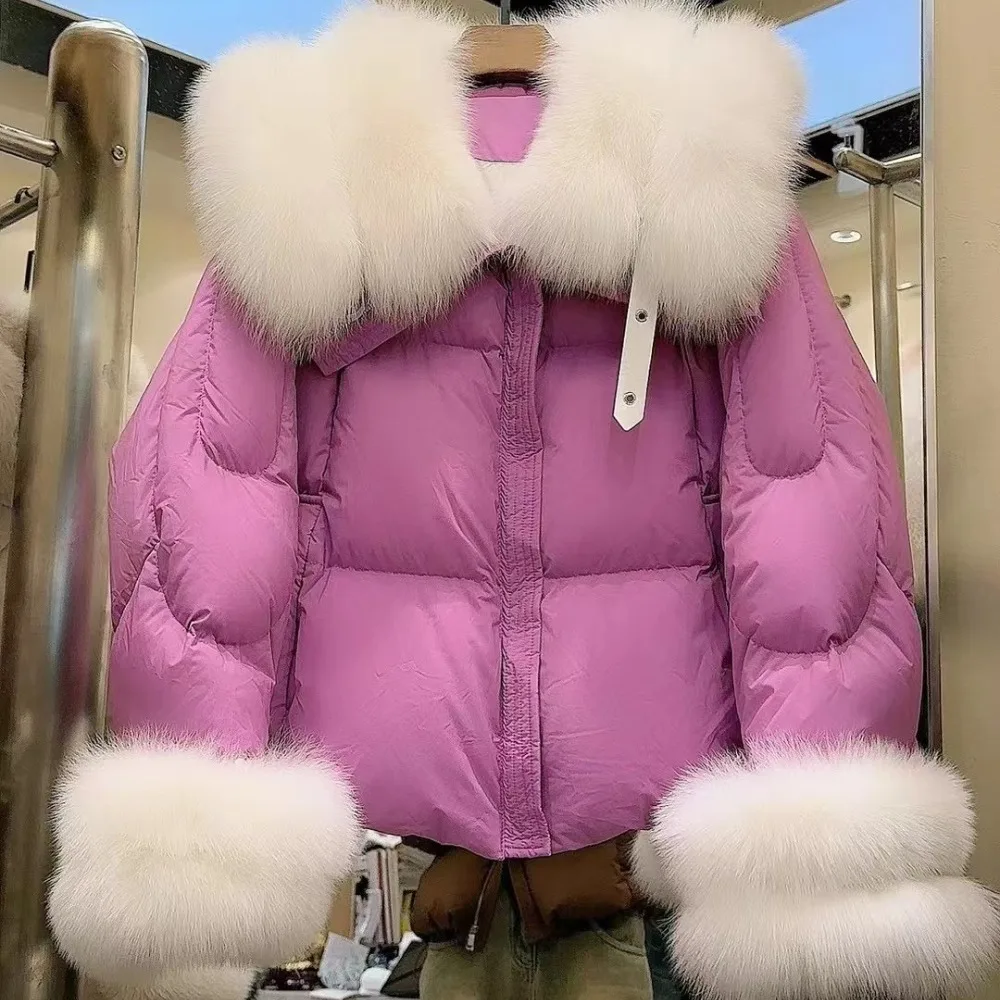 OFTBUY femmes hiver veste de fourrure de renard naturel de luxe blanc doudoune d'oie décontracté épaissir manteau rembourré femme Parkas col de fourrure