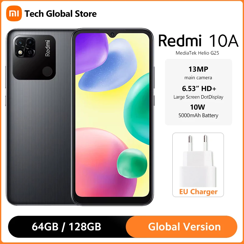 

Global Version Xiaomi Redmi 10A 4GB 128GB Smartphone MTK Helio G25 Octa Core 6.53” HD+ DotDisplay 13MP Camera 5000mAh Battery