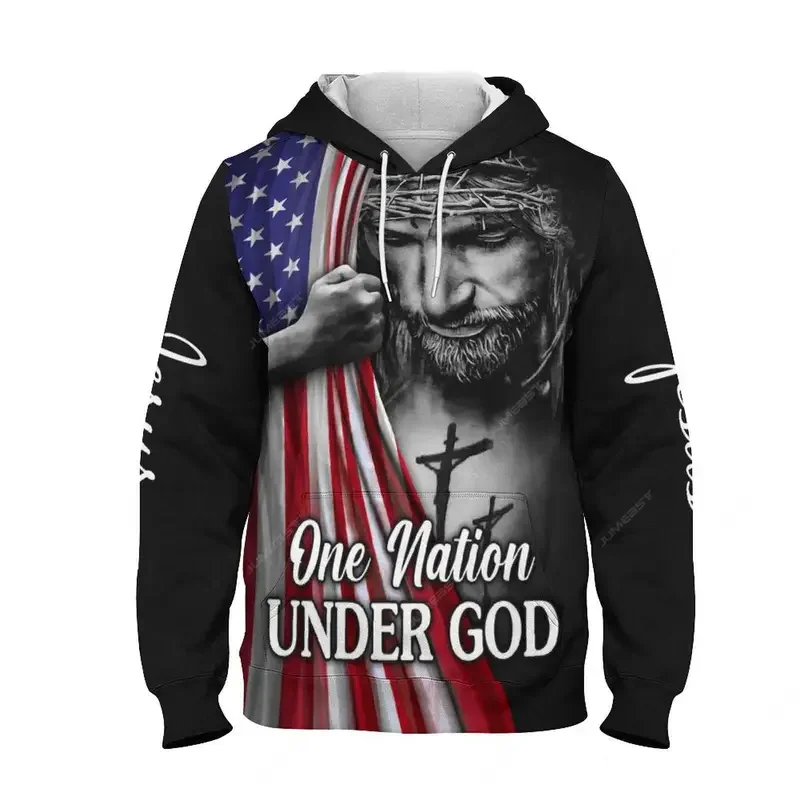 Jumeast 3D Printed Christian Jesus Men Hoodies One Nation Under God Hooded Sweatshirts American Veterans Day Drip Clothes Coats