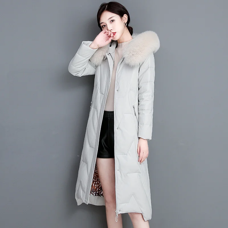 Down New Women Leather Coat Autumn Winter 2023 Elegant Fashion Real Fox Fur Collar Thick Warm Loose Hooded Sheepskin Overcoat