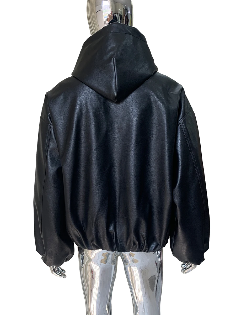 

Весенне-осенняя короткая черная мужская куртка из искусственной кожи большого размера с капюшоном на шнурке и длинным рукавом, свободная роскошная дизайнерская одежда 2025