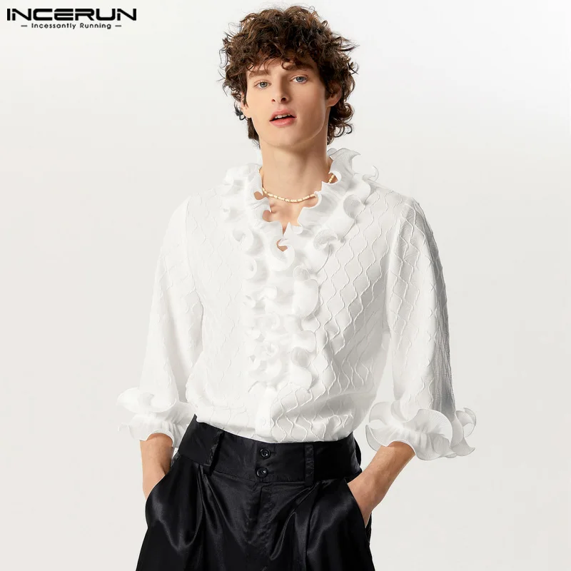 

INCERUN Tops 2024 American Style New Men's Ruffled Edge Patchwork Texture Shirts Casual Streetwear Solid 3/4 Sleeve Blouse S-5XL