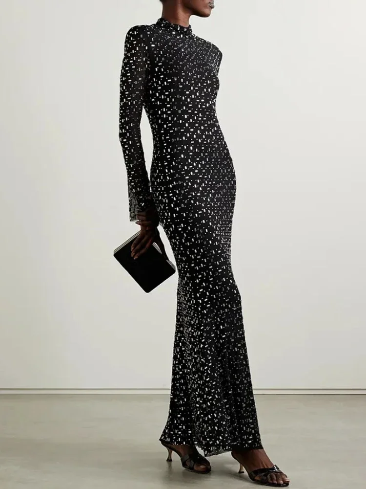 Sexy Turtleneck Long Sleeve Mesh Sequined Diamond Maxi Dress Women Black Bright Rhinestone Bodycon Celebrity Evening Party Gowns