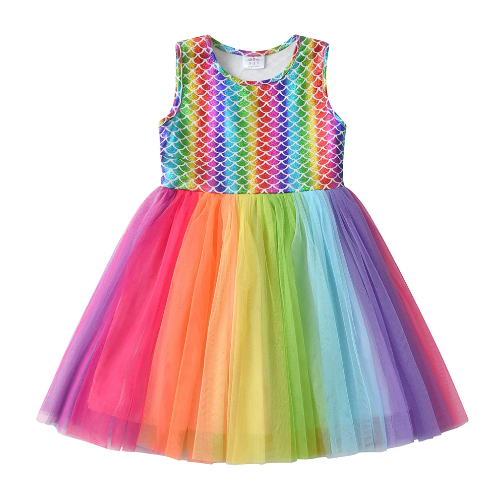 Ärmelloses Sommerkleid für Mädchen, Regenbogenfarben, bunt, Farbverlauf, Tüll, Netzstoff, Prinzessin, Geburtstagsfeier, Prinzessin, lässig, Festival-Kleider – Detail 4