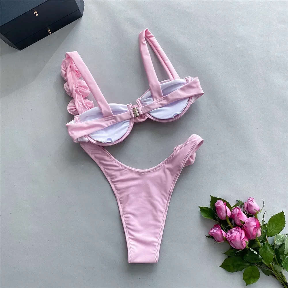 Sexy 3D Flower Shiny Pink Push Up Bikini 2025 Women Swimwear Underwired Swimsuit High Cut Bathing Suit Wrinkled Bikinis Sets