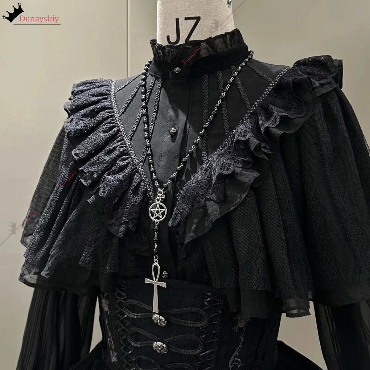 アンクと五芒星のロザリオネックレス,女性用,ロリータドレス,コスプレアクセサリー,ブラックビーズ,チャームジュエリー,ギフト