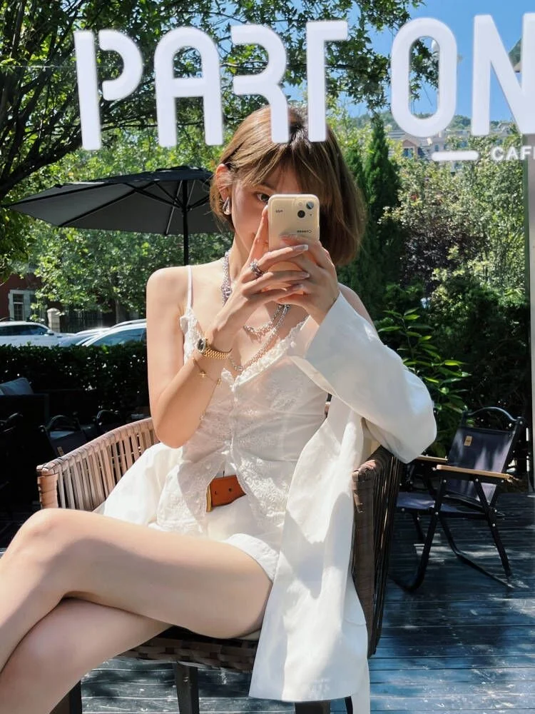 

Белый шелковый кружевной укороченный топ, женский облегающий топ длиной, однотонный, летний, новый, Sle Needop2023, внутренняя майка