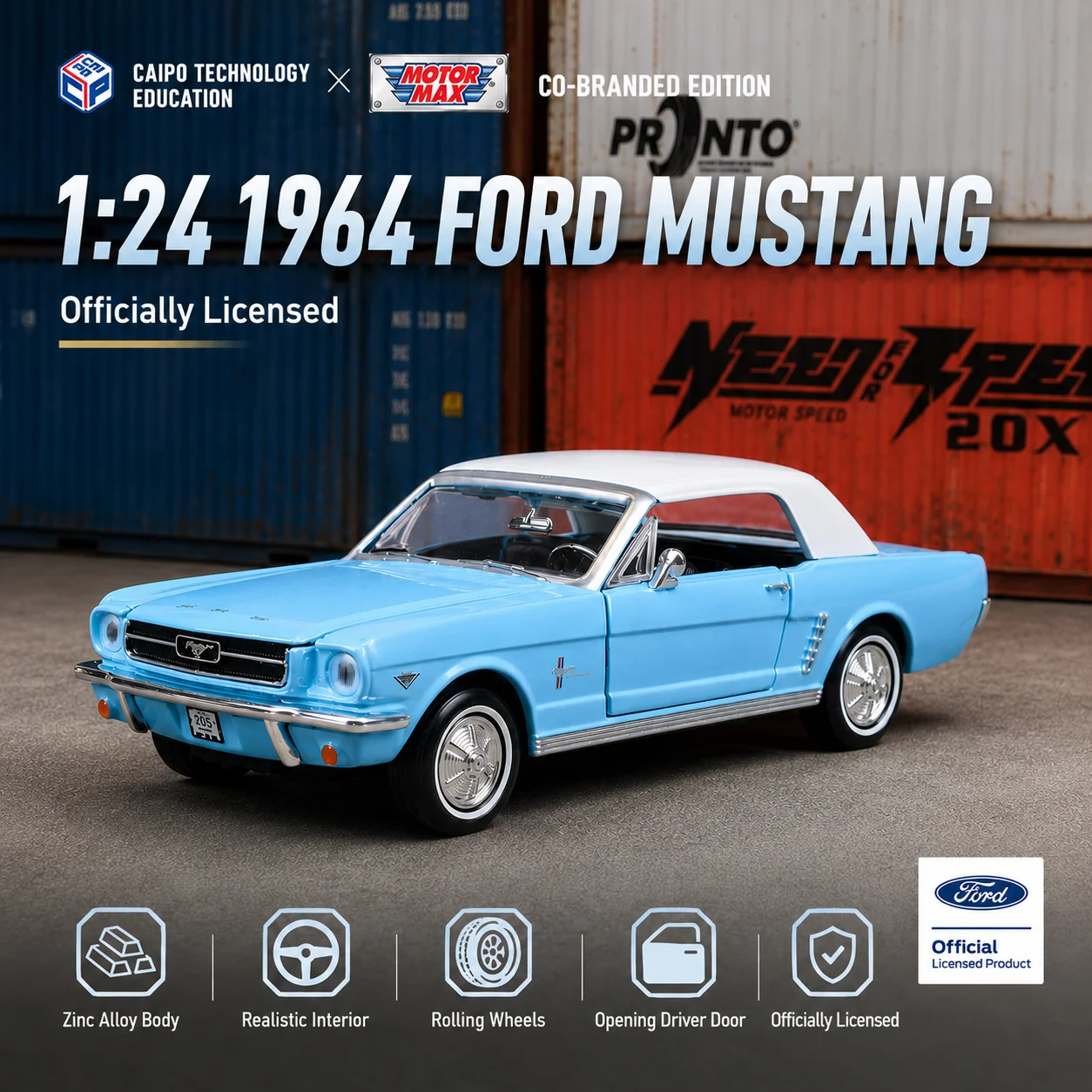 MOTORMAX 1/24 1964 Ford Mustang Classical Super Sport Toy Car Diecast Metal Miniature Sound & Light Gift Display Collection