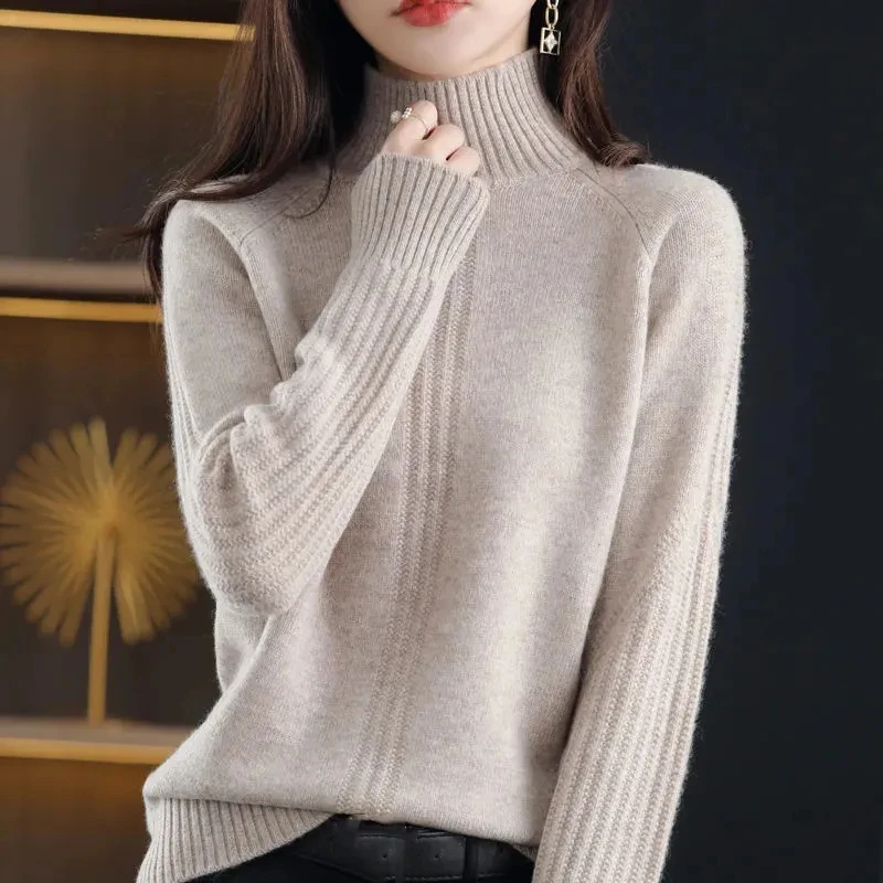 2023New Pullover Sweater Women Autumn Winter Korean Loose Long Sleeve High Collar Knitwear Bottoming Solid Casual Sweater Female