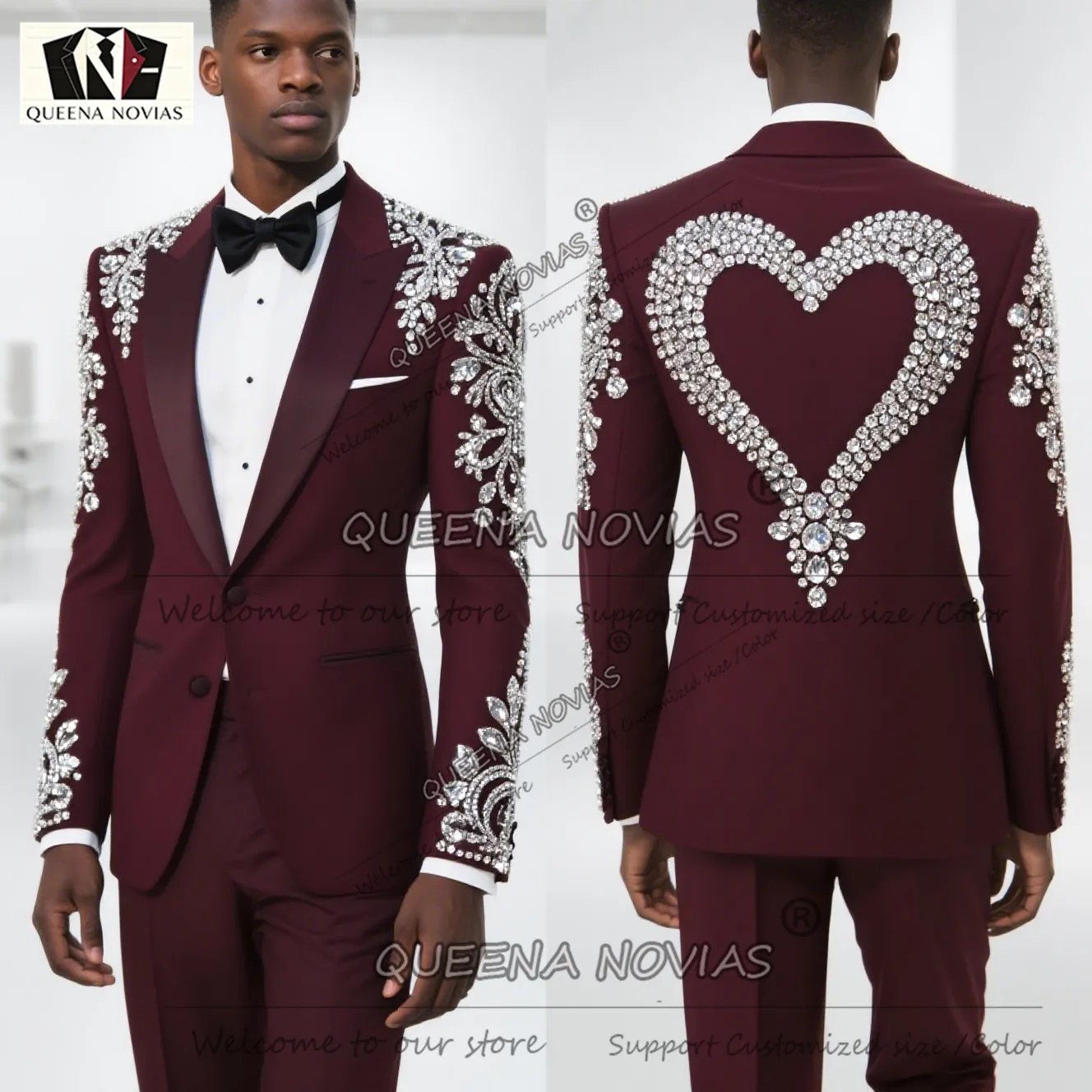 Exclusive Red Suits Men For Wedding Sparkly Diamond Beaded Jacket Pants 2 Piece Sets Groom Tuxedo Slim Fit Male Fashion Clothing