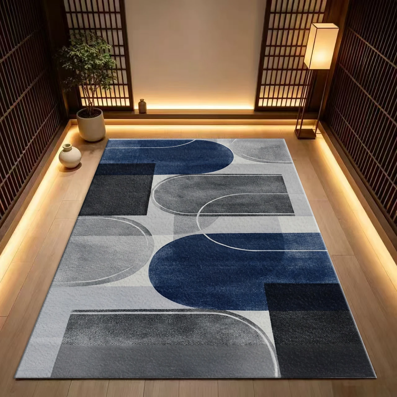 Modern Abstract Geometric Arch Carpet Minimalist Blue Gray Large Area Rug Suitable for Living Room Bedroom Office Home Decoration