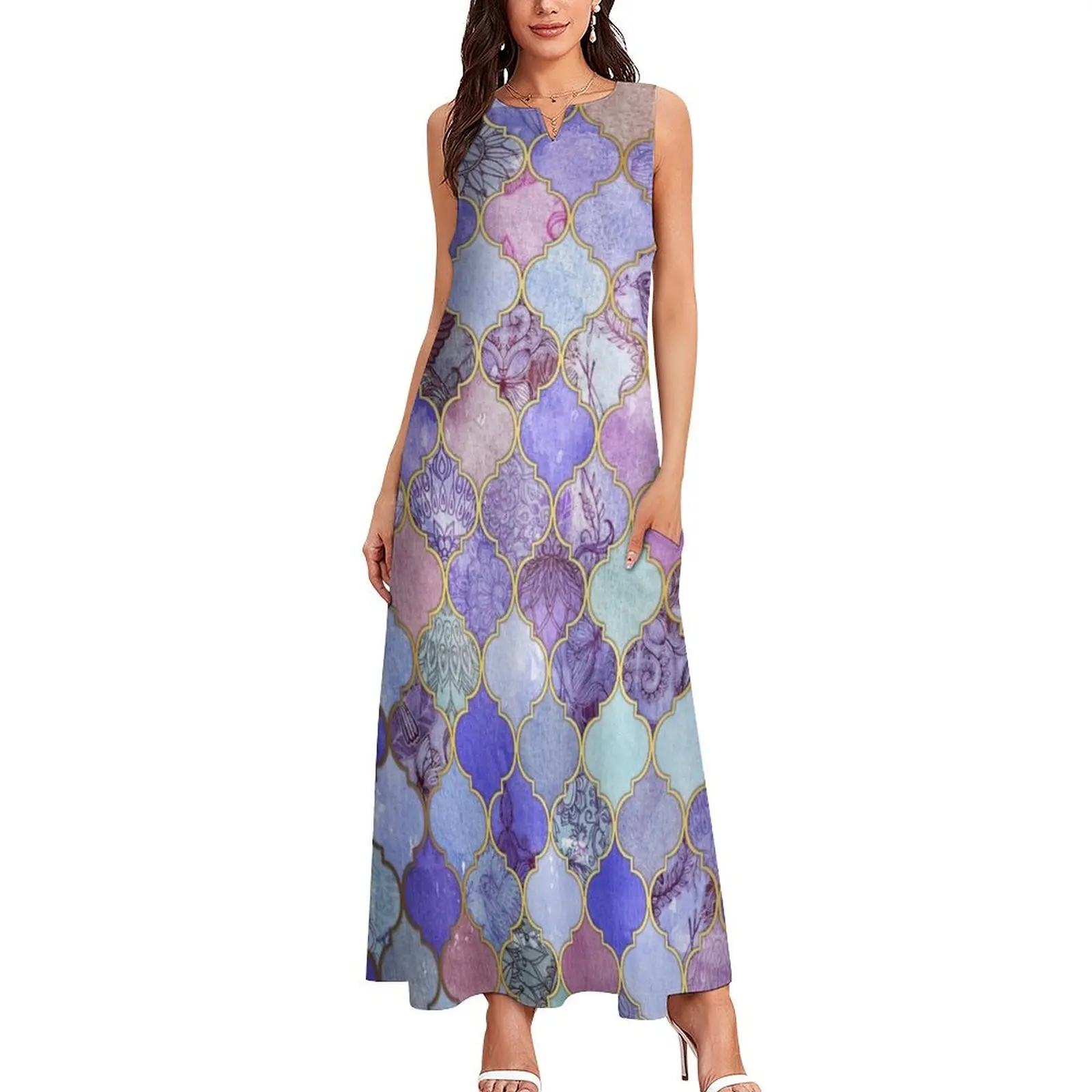 Royal Purple, Mauve & Indigo Decorative Moroccan Tile Pattern Long Dress Woman dresses Women's clothing