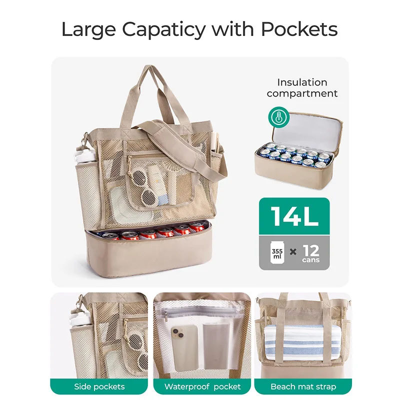 Sandproof Beach Tote Bag Multi-Pocket Mesh Transparent Bag Double-layer Heat Preservation Foldable Lightweight Picnic Beach Bags image 5
