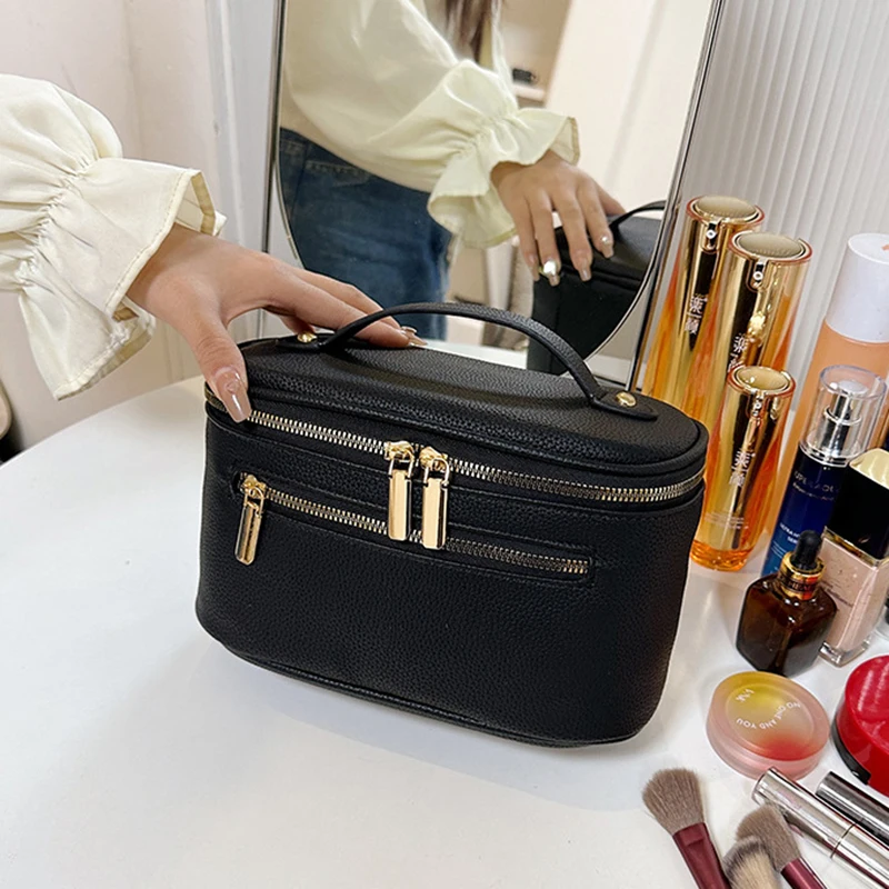 Double Zipper Travel Makeup Bag for Women Cosmetic Bag Portable Large Capacity Makeup Bag Storage Organizer Leather Toiletry Bag