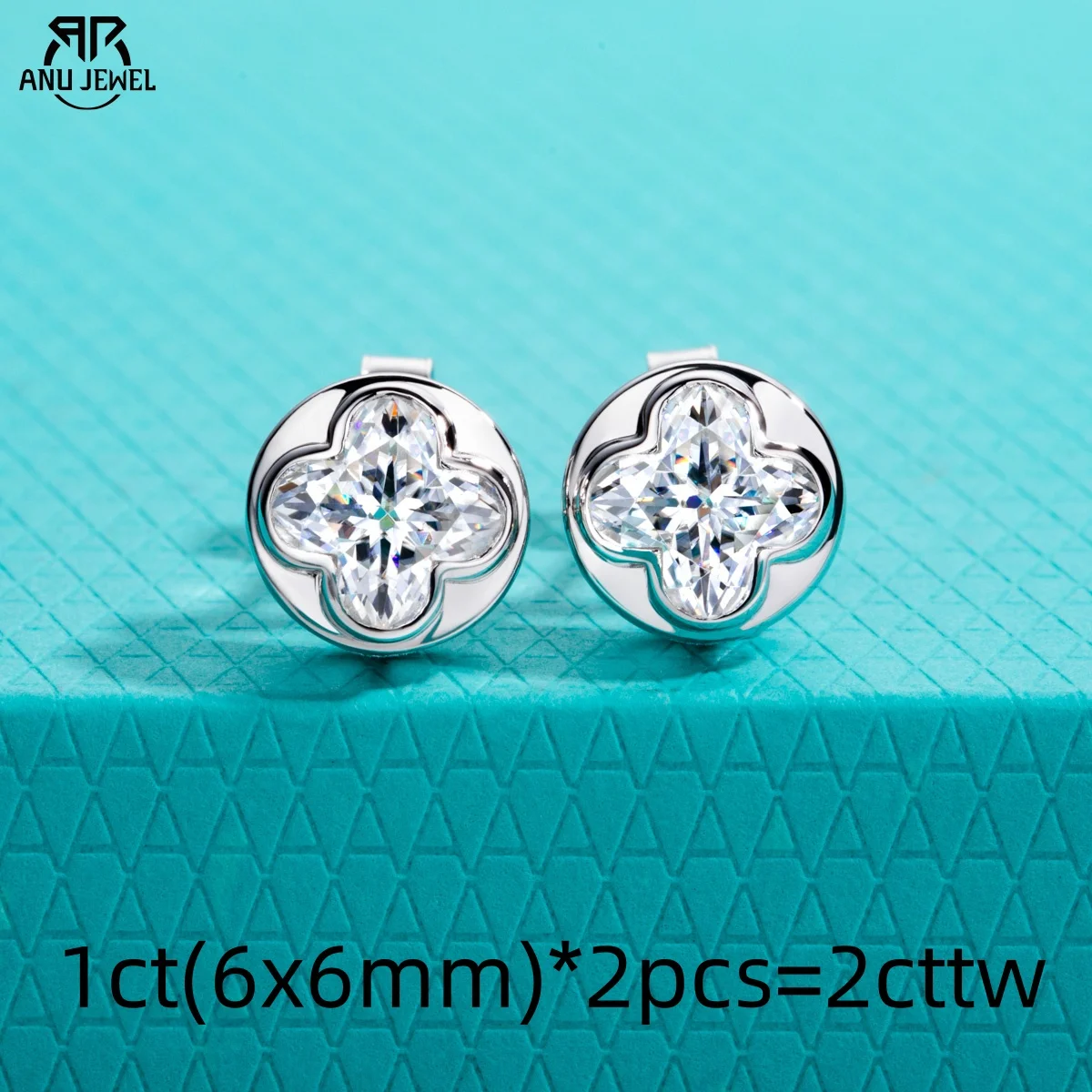 

AnuJewel 2cttw Four-Leaf Clover Cut Moissanite Bezel Earrings 925 Sterling Silver 18K Gold Plated Stud Earring for Women