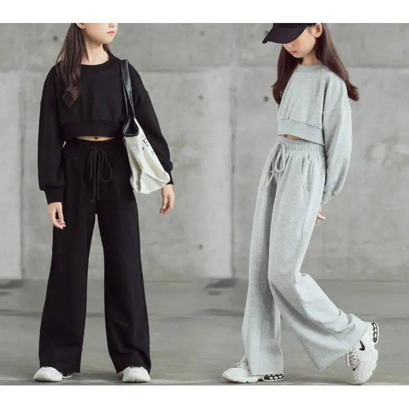 New Spring Autumn Teenager Girls Clothes Suit Casual Long Sleeve Sweatshirt + Wide Leg Pants Kids Tracksuit 6 8 10 11 12 14 Yrs