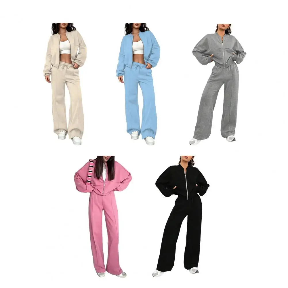 

Серая куртка и брюки, женский комплект из 2 предметов, повседневное пальто на молнии с длинными рукавами, повседневный однотонный свитшот, брючный костюм, осенняя спортивная одежда для отдыха