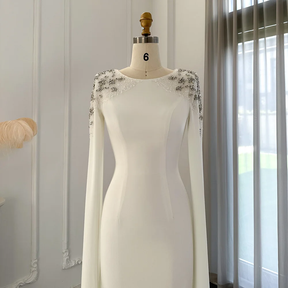 beaded party dress modest cape sleeeve round neck Elegant Long Sleeve White Wedding Dress with Beading on Tulle – Babyonlines