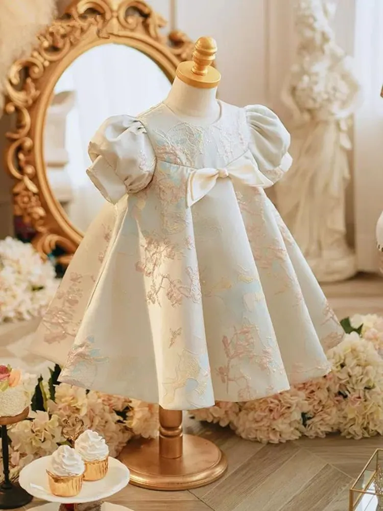 Baby Girls Luxury Party Dress For Summer Bow Printed Design Children Ball Gowns For Baptism Infant Vintage Evening Dress A2700