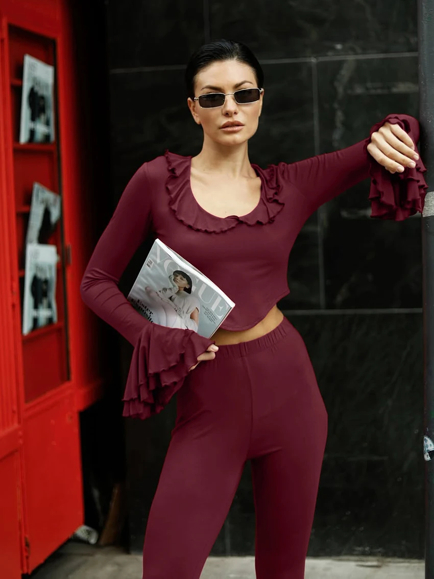 Marthaqiqi Comfort Solid Ladies Pajama Set Sexy O-Neck Sleepwear Long Sleeve Nightgown Pants Casual Femme Nightwear 2 Piece Suit