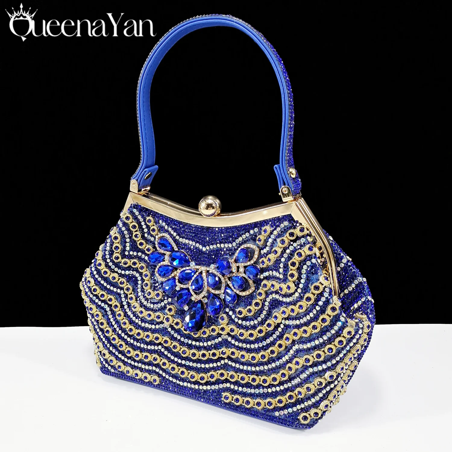 Queena Yan Fashion Wavy Pattern Shiny Handbag elegant Diamonds Hand Bag Evening Party Comfortable Handle Bag