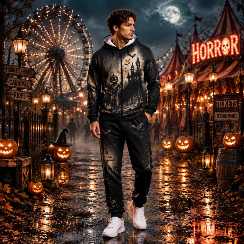 Men's Black Halloween Tracksuit 2Pcs Set Zip Up Hoodie Sweatpants Haunted Castle Bat Pumpkin Gothic Horror Print Streetwear