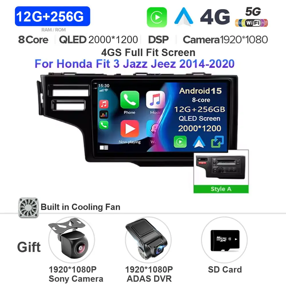 Android 15 autoradio voor Honda Jazz 3 2015 - 2020 Fit 3 GP GK 2013 - 2020 Carplay Auto GPS Navigatie Multimedia Speler 4G WIFI
