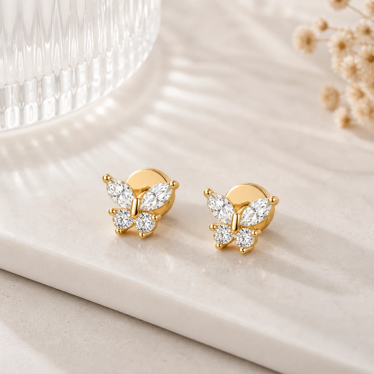 Sparkling Zircon Butterfly Small Stud Earrings for Women Delicate Gold Plated Stackable Piercing Earring Fashion Jewelry Gifts