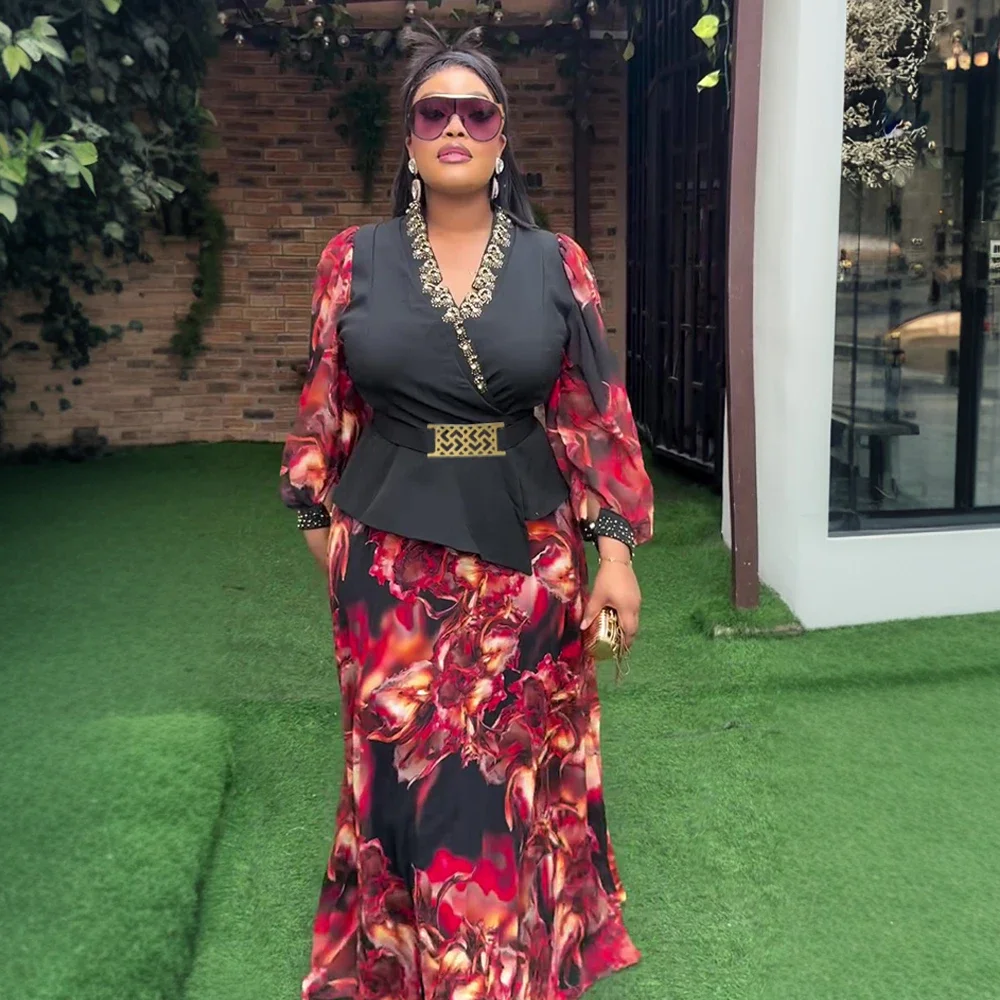 여성을위한 아프리카 의류 2 PCS 세트 탑과 스커트 정장 Dashiki Ankara 터키 복장 가운 플러스 사이즈 웨딩 파티 드레스