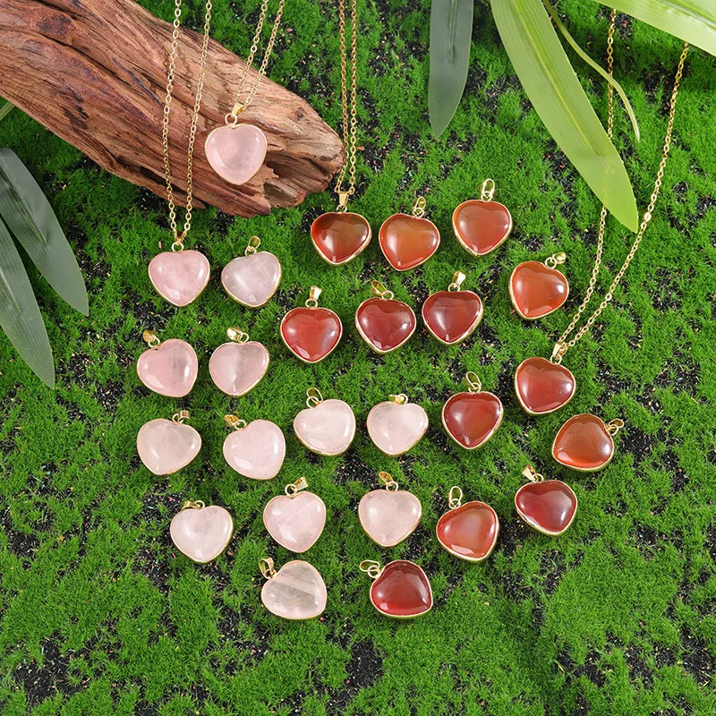 Rose Quartz Heart Shaped Natural Stone Agate Golden Edge Wrap Pendants Healing Crystal Chakra Reiki Love Gemstone