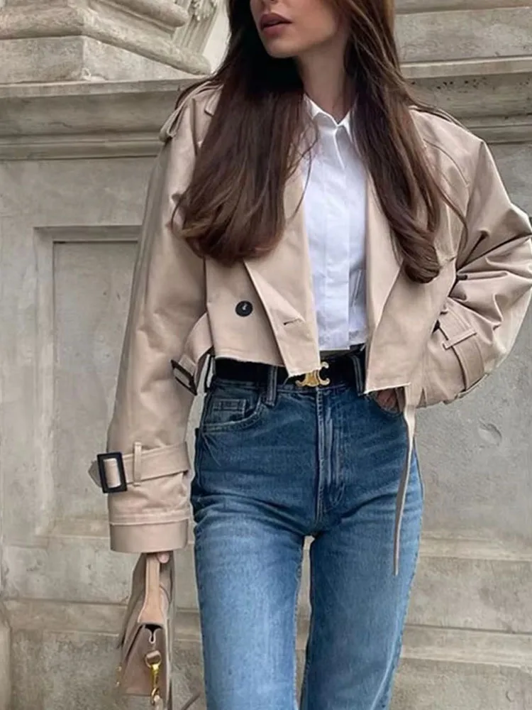 Traf-レディースkhakiクロップドコート、長袖コート、シックなトップス、女性のカジュアルウェア、ヴィンテージストリートウェア、単色、秋のファッション、2023