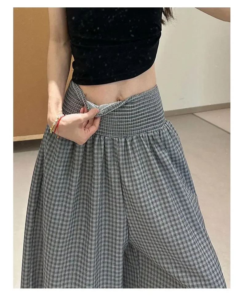 2026 Herbst Koreanischer Stil Rosa Karierte Damen-Weitbein-Hose Hohe Taille Locker Sitzend Figur-Schmeichelnd Eisseiden-Haremshose – Detail 2
