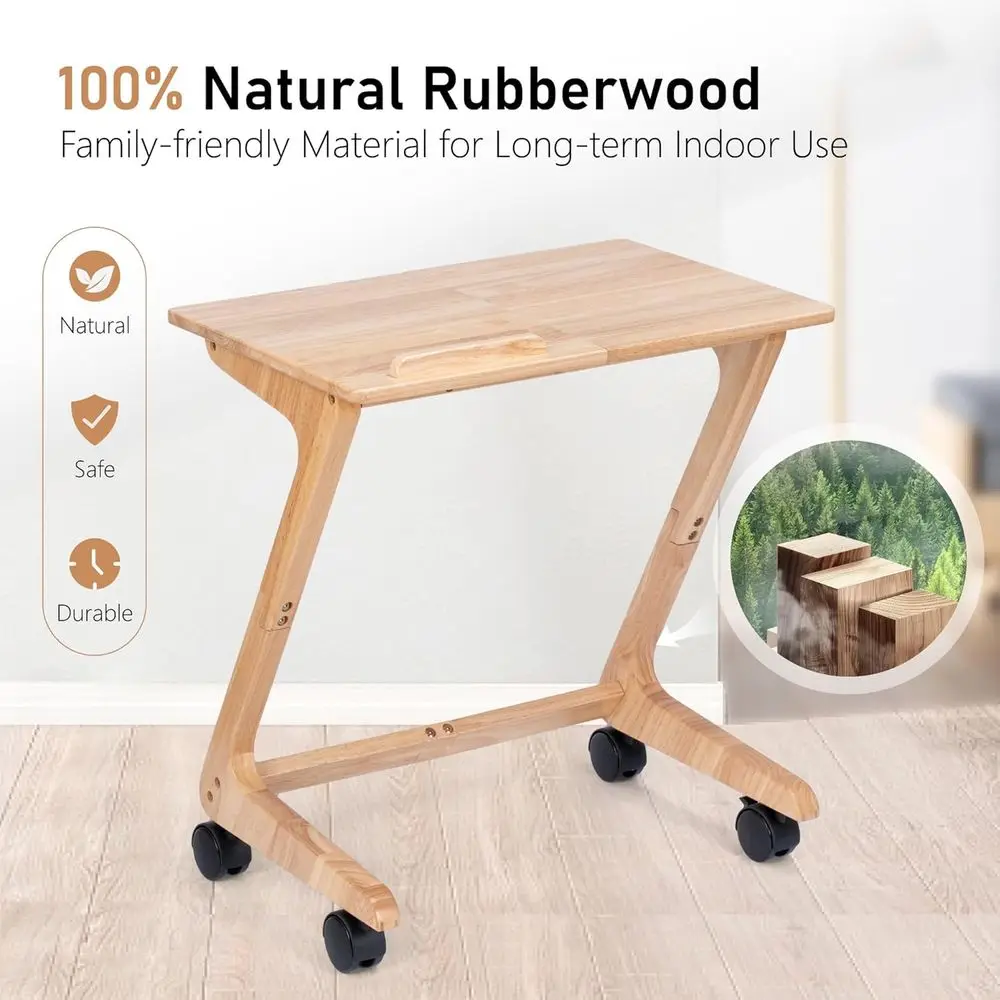 โต๊ะวางทีวีไม้เนื้อแข็งขนาดกะทัดรัดพร้อมล้อเลื่อนสำหรับรับประทานอาหารข้างโซฟา กาแฟ การอ่านหนังสือในห้องนั่งเล่นและห้องนอน