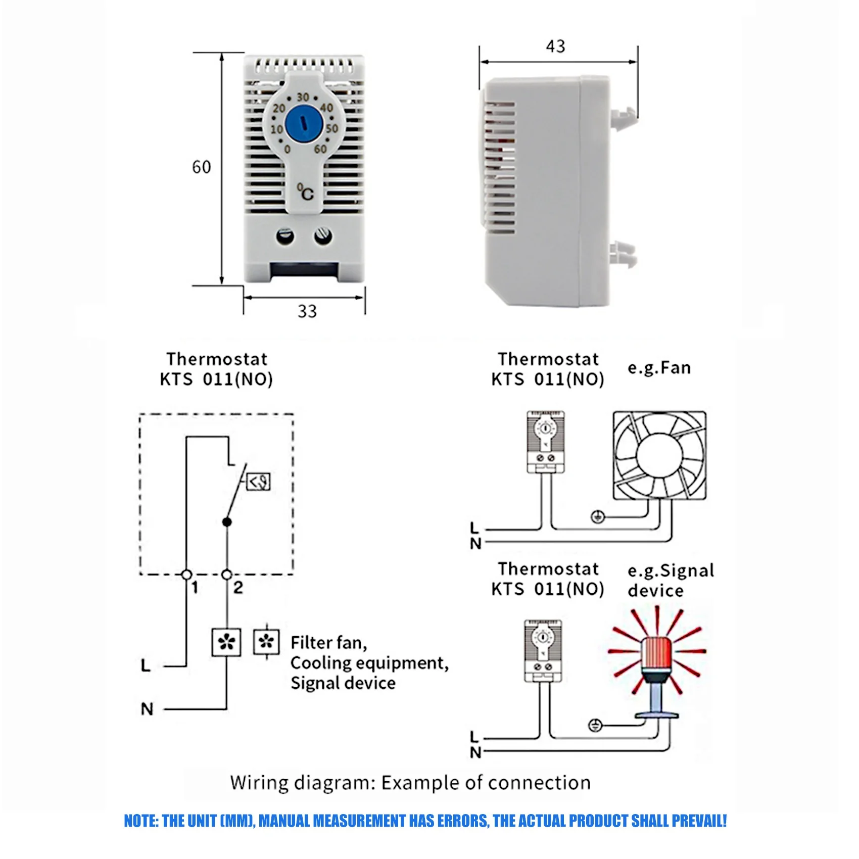 KTS011 nessun regolatore di temperatura meccanico regolabile normalmente aperto termostato per armadio guida Din, utilizzato per il raffreddamento