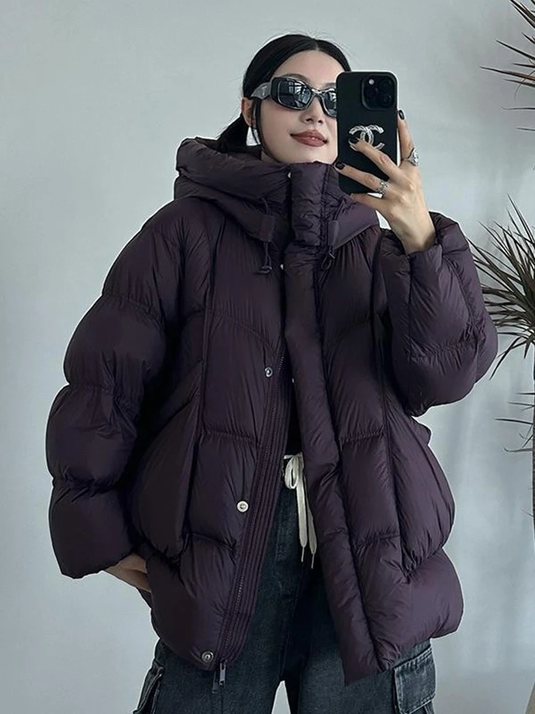 Winter New Puff Down Jacket Female Thickened White Duck Down Warm Coat Women Medium-length Loose Solid Thick Hooded Overcoat