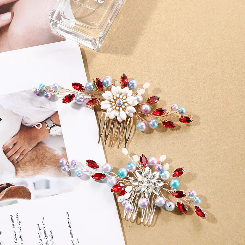 Elegante Haarkam Rood Kristal Bloem Haarspeld Luxe Bruids Haar Sieraden Gouden Legering Tiara 'S Mode Bruiloft Haaraccessoires