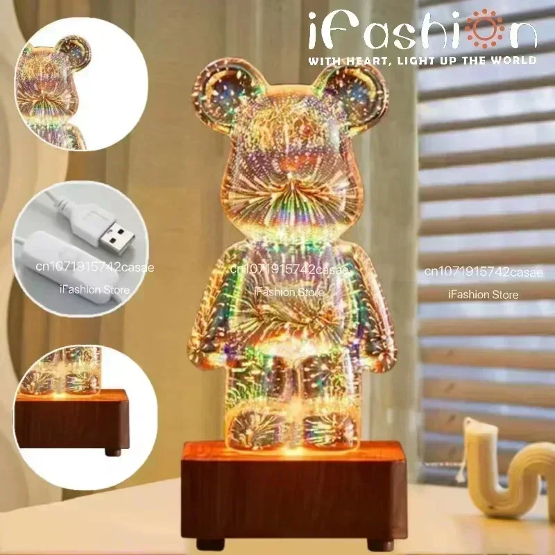 LED 3D Bear Firework Night Light USB Projector Lamp Color Changeable Ambient Lamp Suitable for Children Room Bedroom Decoration