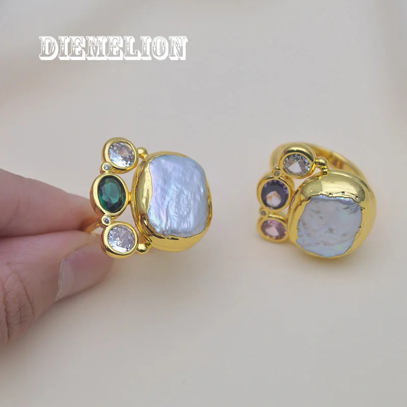 New Fashion Colorful CZ Crystal Pave Natural Baroque Freshwater Square Pearl Rings for Women's Opening Daily Work Accessories