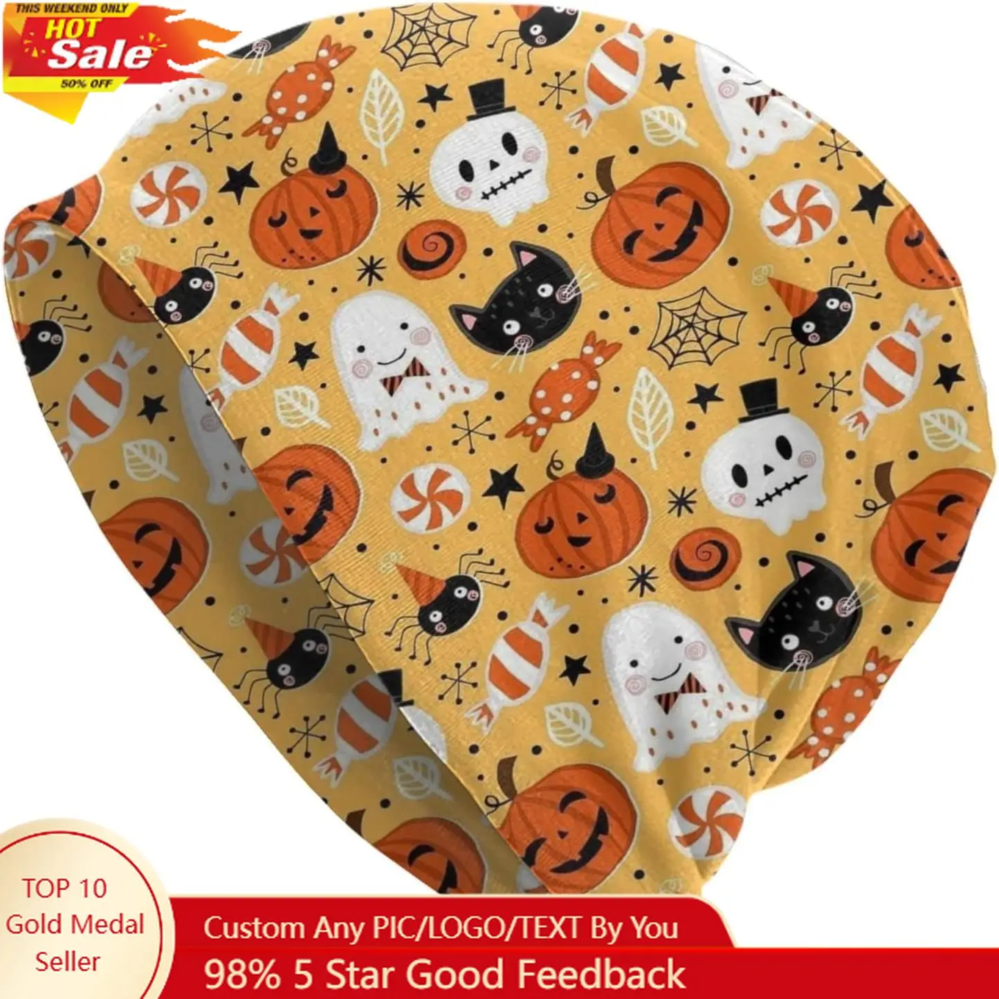 

Halloween Skull Caps Pumpkin Beanie Standard Closed Chemo Hat Cancer Headwear Knitted Hats Baggy Slouchy Cap for Adults Wome