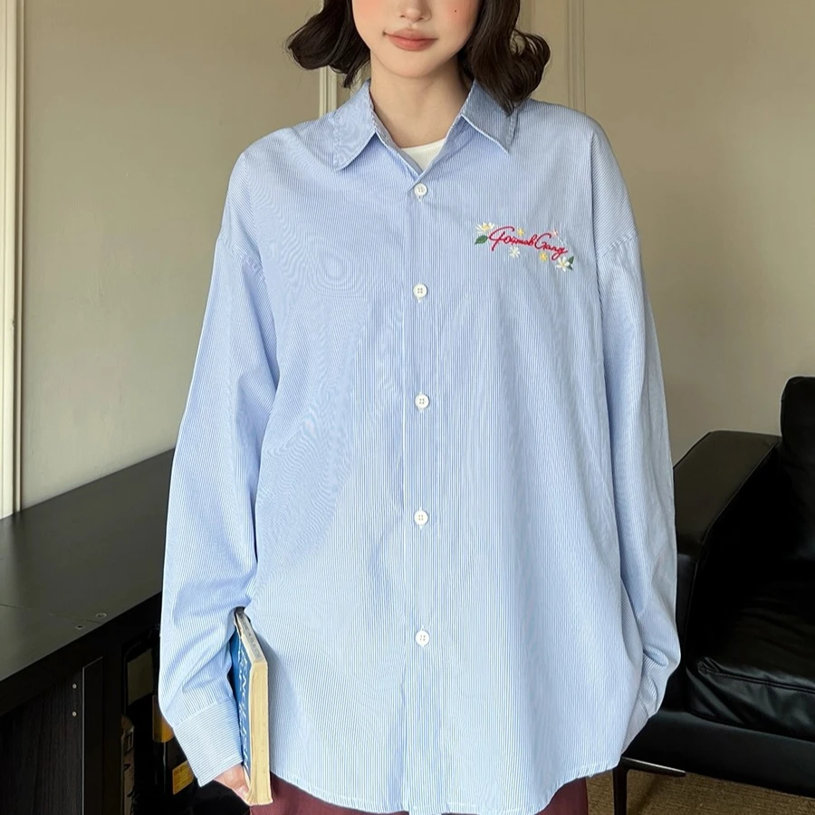Coreano na moda marca bordado floral gráfico camisas oversized manga longa turn-down colarinho blusas luz azul estética casual
