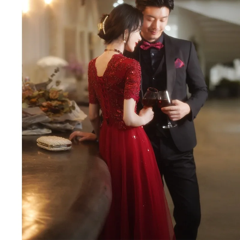 Robe de soiree Wine Red V-Neck Slim Formal Dress Wedding Elegant Evening Dresses Formal Party Dress Prom dresses Luxury Dress