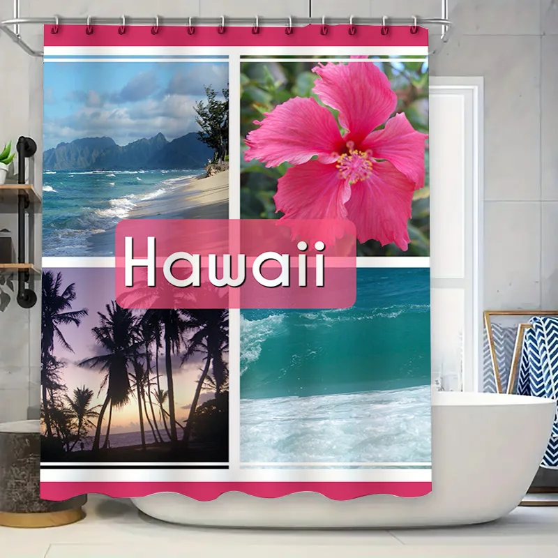 

Summer Breezy Pink Hibiscus Shower Curtain Set for Bath Decoration Hawaii Beach View with Palm Trees Blue Sea White Sand 72x78''