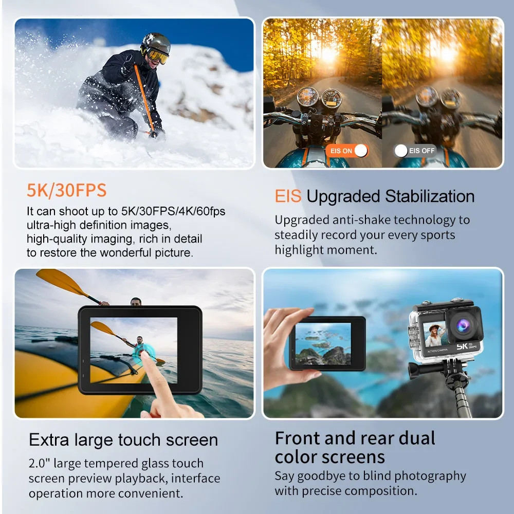 กล้องแอคชั่น 5K 4K60fps จอคู่ EIS ป้องกันการสั่นไหว WiFi 2.0 นิ้ว 170D กันน้ำใต้น้ำ รีโมทคอนโทรล กล้องติดหมวก
