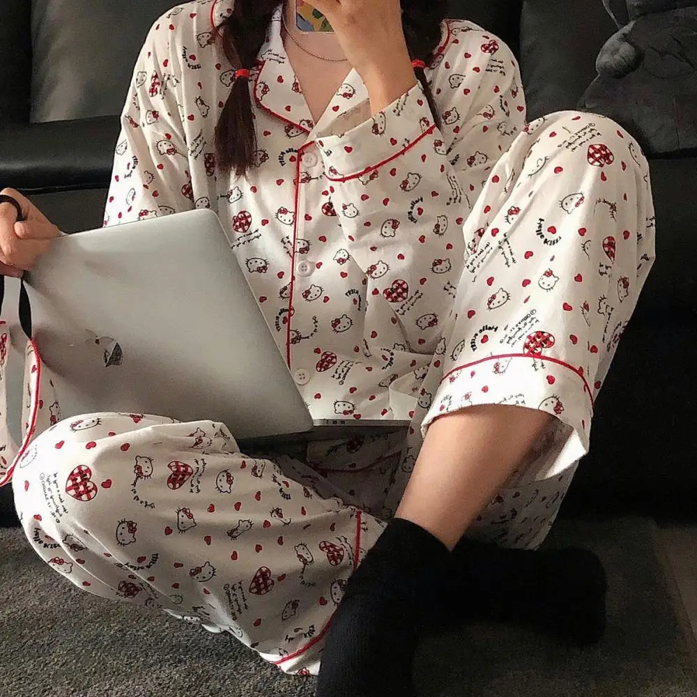 Lindo traje de pijama femenino de 2 uds Hello Kitty dibujos animados Anime Kawaii mujeres primavera otoño Tops pantalones ropa de descanso ropa de casa dulce niñas