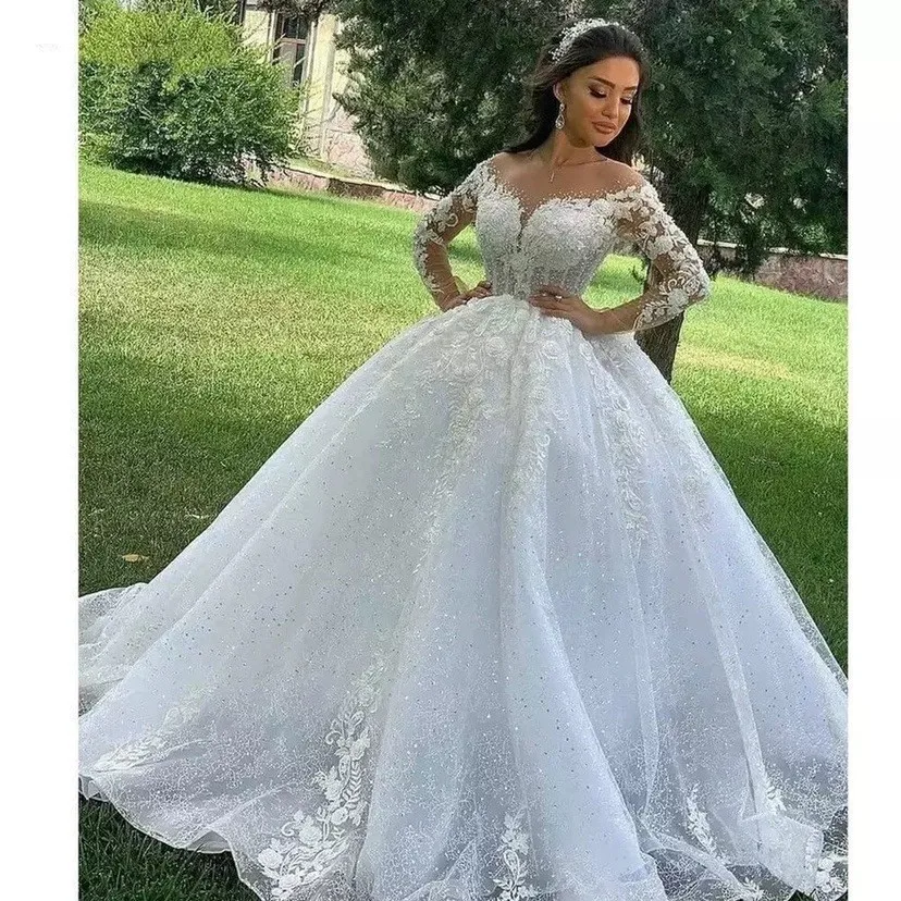 Customized Robe De Marier White Lace Up Luxury Long Sleeves Customized Beaded Lace Fabric Bridal Gowns Wedding Dress 2025