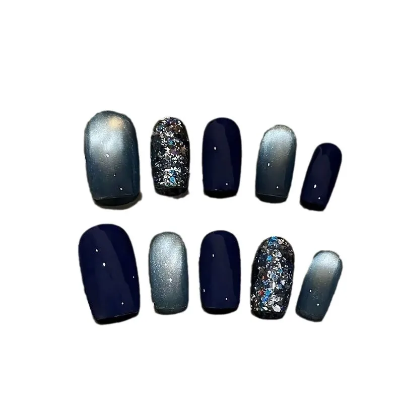 Melbourne – faux ongles œil de chat bleu, faits à la main, à paillettes explosives, à pression sur l'échelle centrale, pour femmes et filles, usage quotidien, 10 pièces